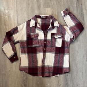 Red & Cream Plaid Button-Up Shirt Jacket